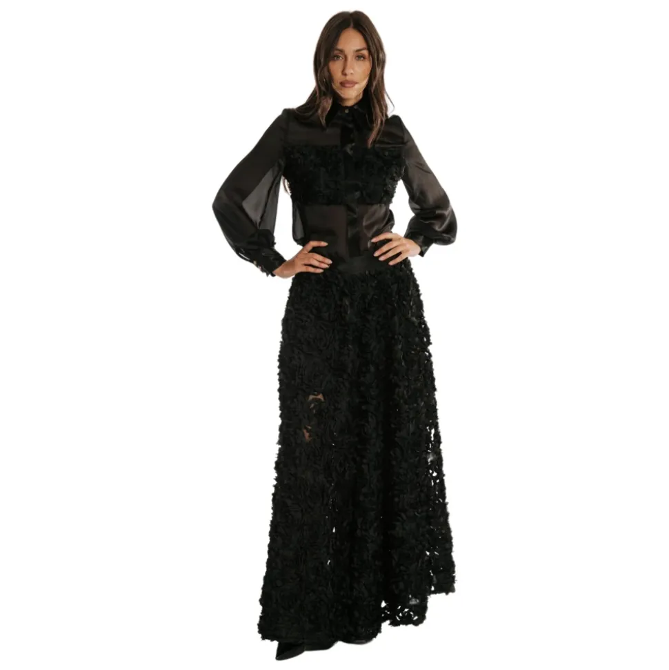 Schwarze Durchsichtige Bluse mit Goldenen Metallknöpfen