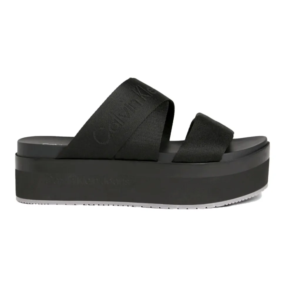 Schwarze Flache Sandale Webbing