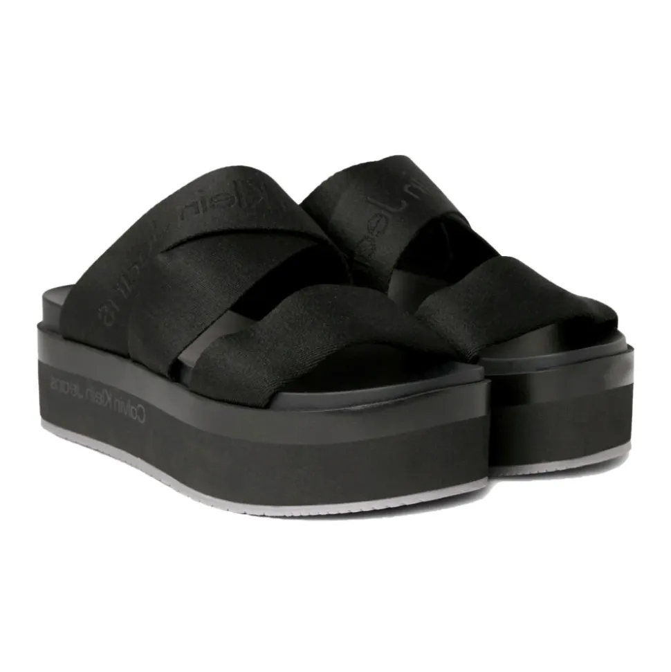 Schwarze Flache Sandale Webbing