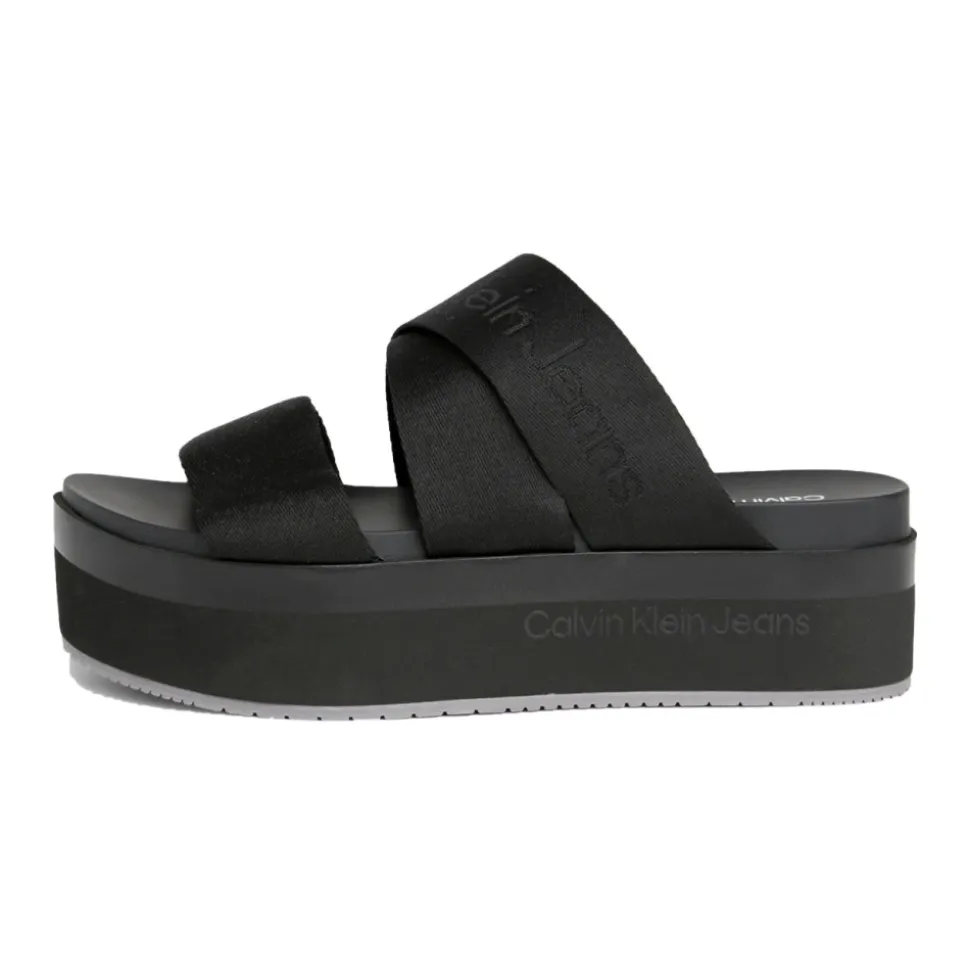 Schwarze Flache Sandale Webbing