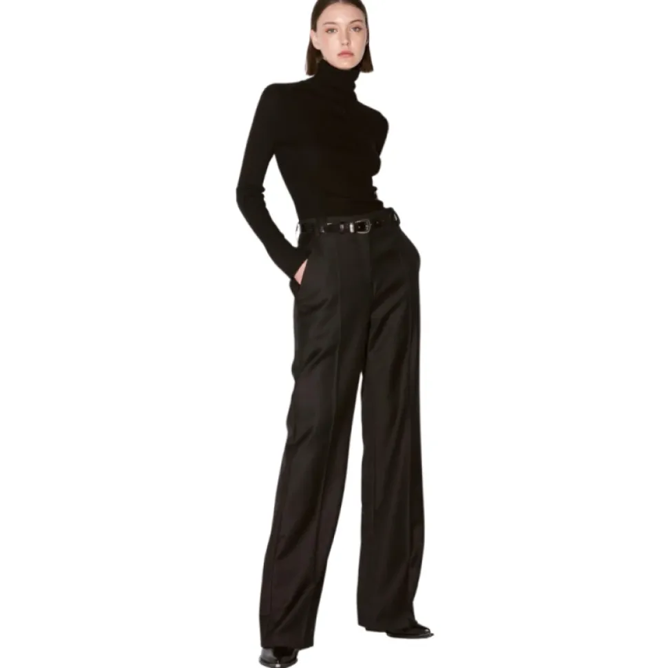 Schwarze Gerade Weite Bein Woll-Kaschmir Hose