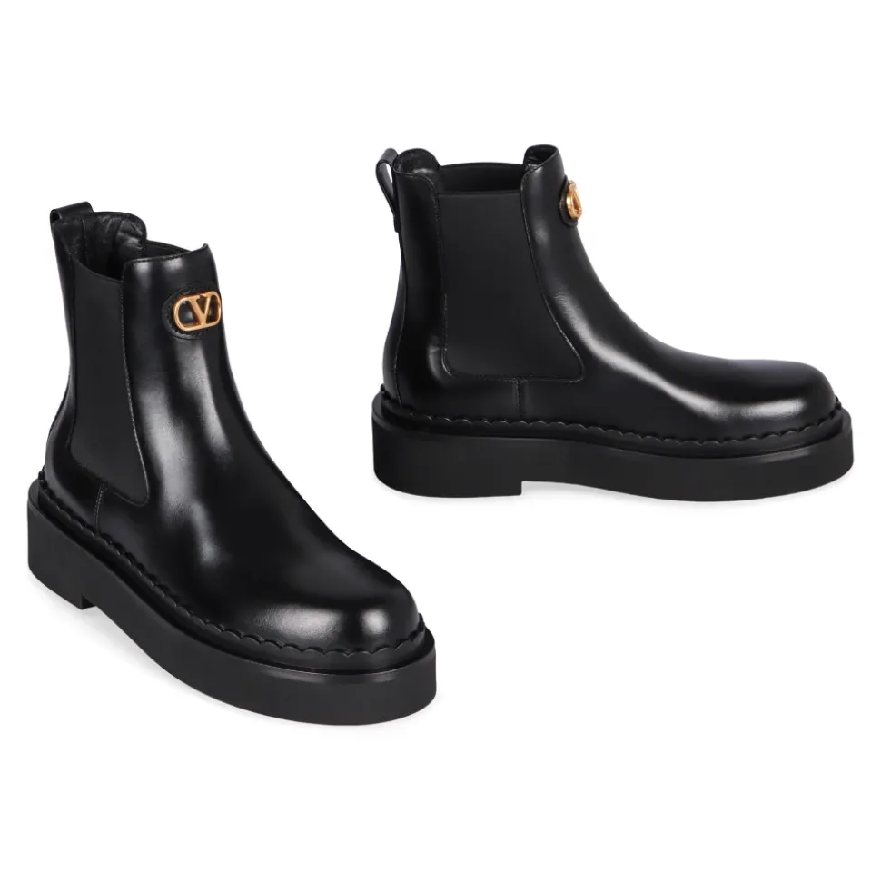 Schwarze Leder Chelsea Boots Elastische Einsätze