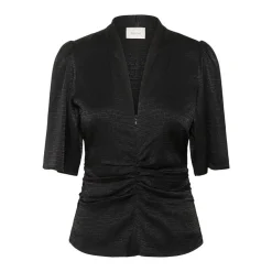 Schwarze Satinbluse mit V-Ausschnitt