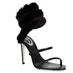 Schwarze Satinsandalen mit Pelzdetail
