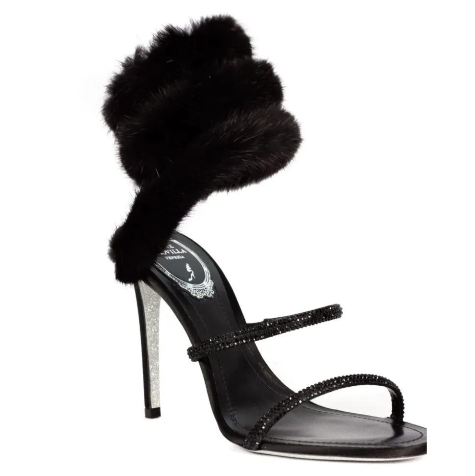 Schwarze Satinsandalen mit Pelzdetail