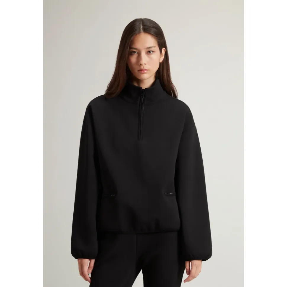 Schwarzer Baumwollpullover mit Reißverschluss