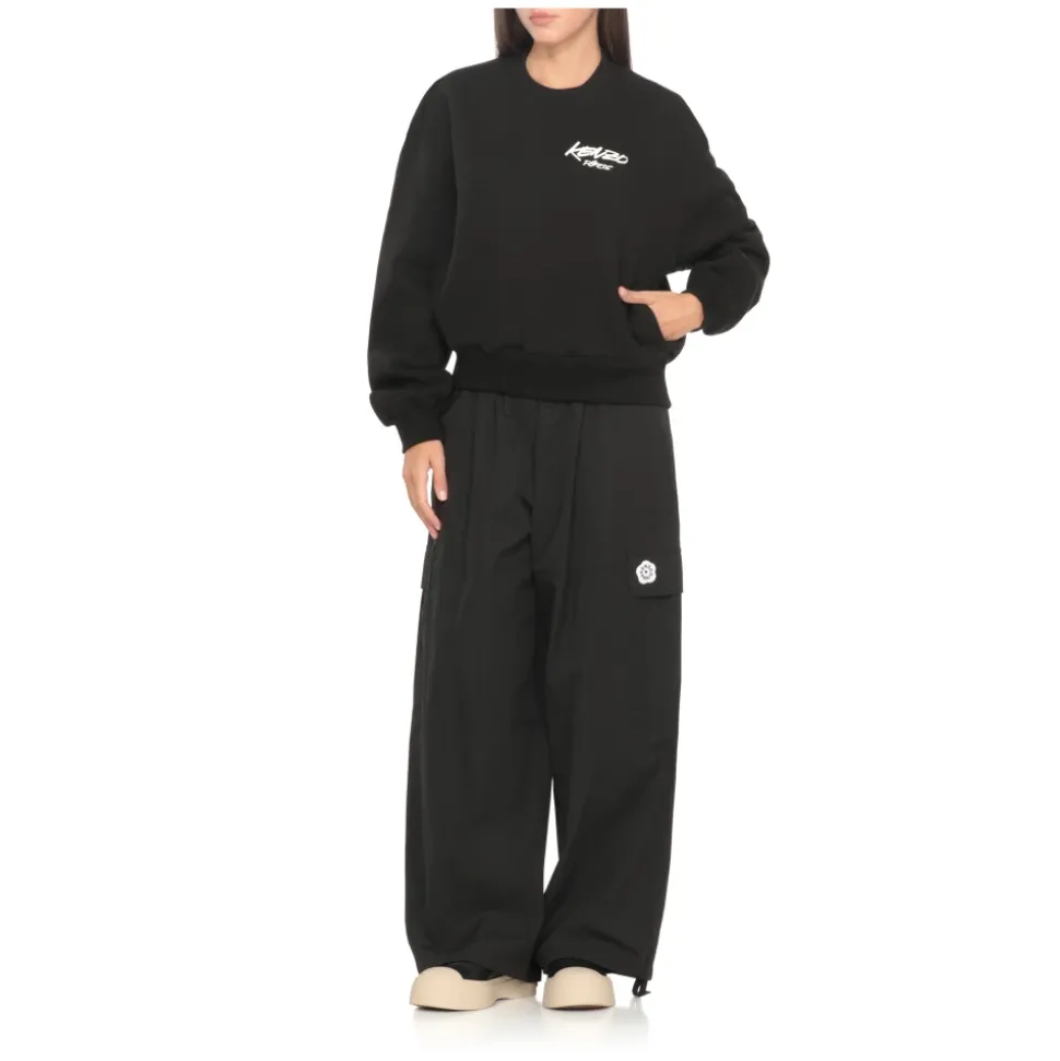 Schwarzer Baumwoll-Sweatshirt Rundhalsausschnitt Logo
