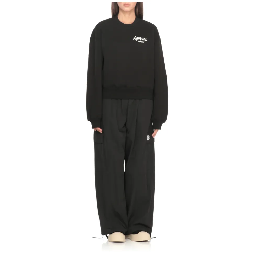 Schwarzer Baumwoll-Sweatshirt Rundhalsausschnitt Logo