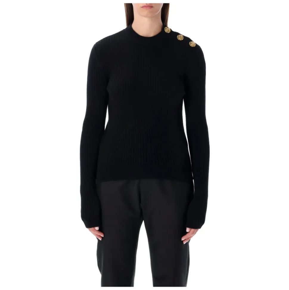 Schwarzer Gerippter Wollpullover mit Goldknöpfen