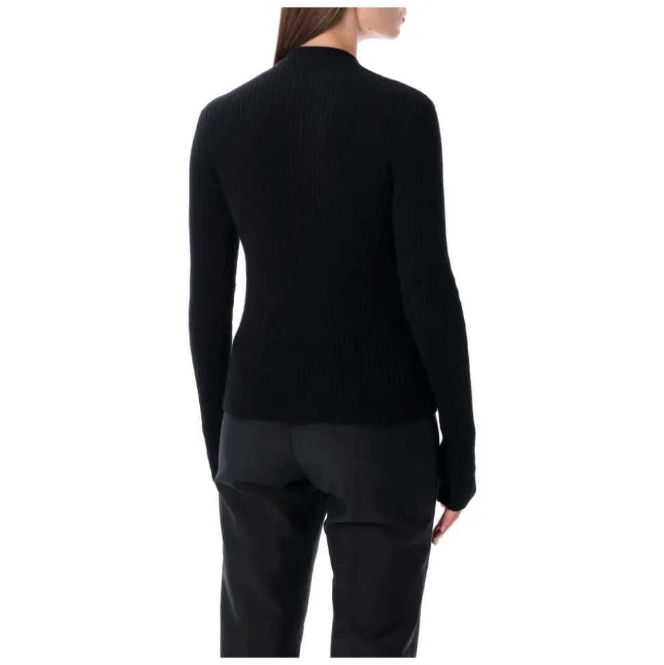Schwarzer Gerippter Wollpullover mit Goldknöpfen
