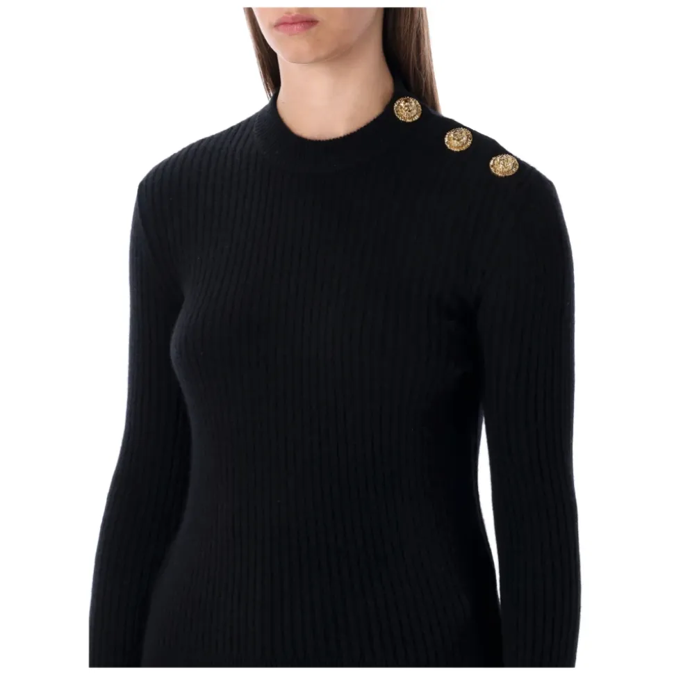 Schwarzer Gerippter Wollpullover mit Goldknöpfen