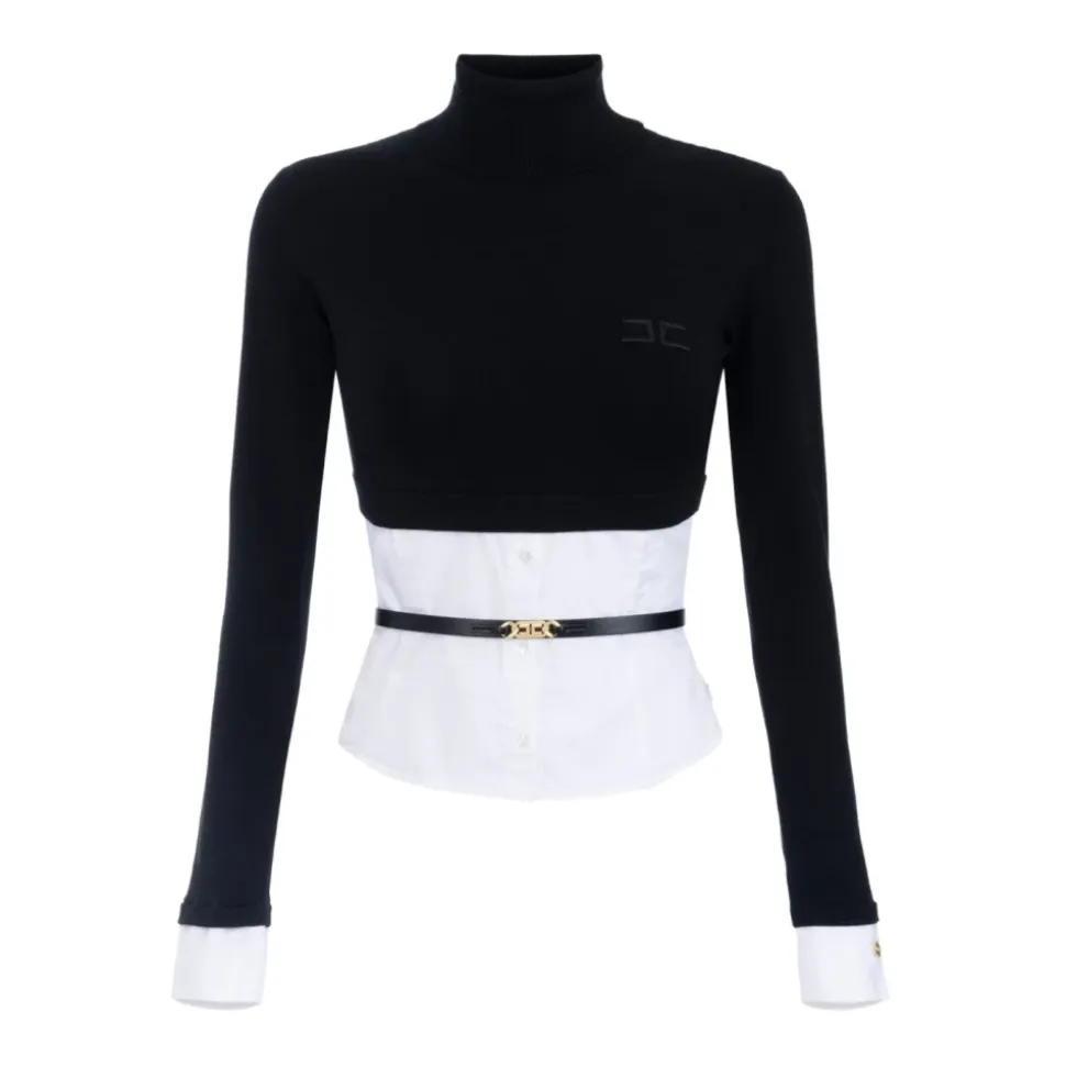 Schwarzer Rollkragenpullover mit Logo-Schnallengürtel