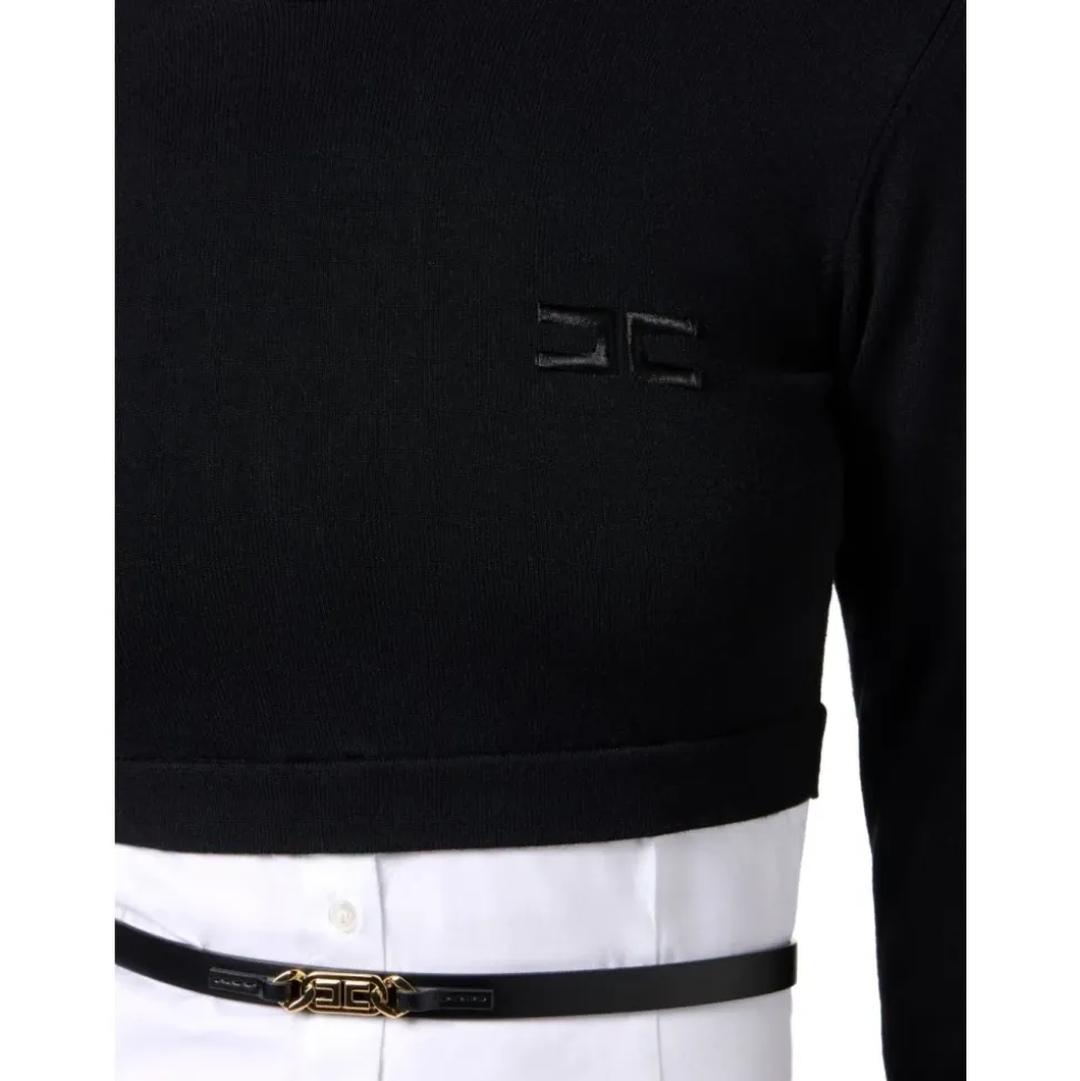 Schwarzer Rollkragenpullover mit Logo-Schnallengürtel