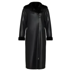 Schwarzer, wendbarer Shearling-Mantel in Langform aus Kunstleder