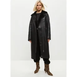 Schwarzer, wendbarer Shearling-Mantel in Langform aus Kunstleder