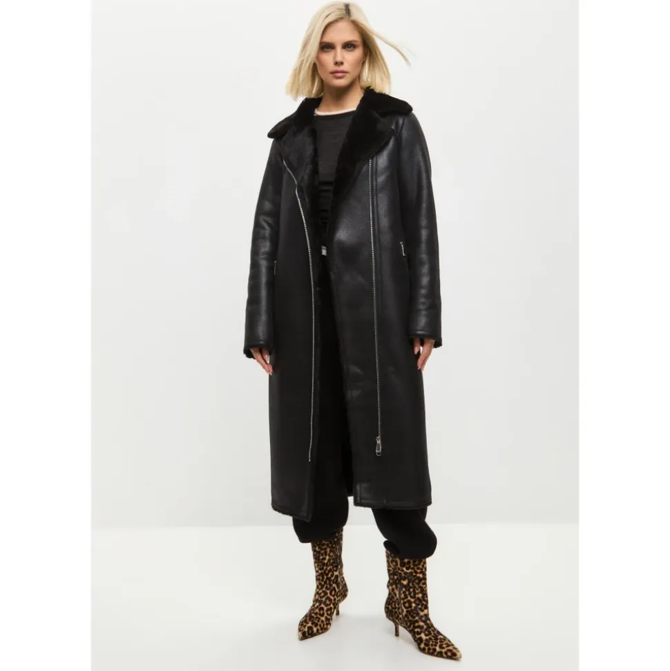 Schwarzer, wendbarer Shearling-Mantel in Langform aus Kunstleder