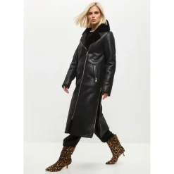 Schwarzer, wendbarer Shearling-Mantel in Langform aus Kunstleder