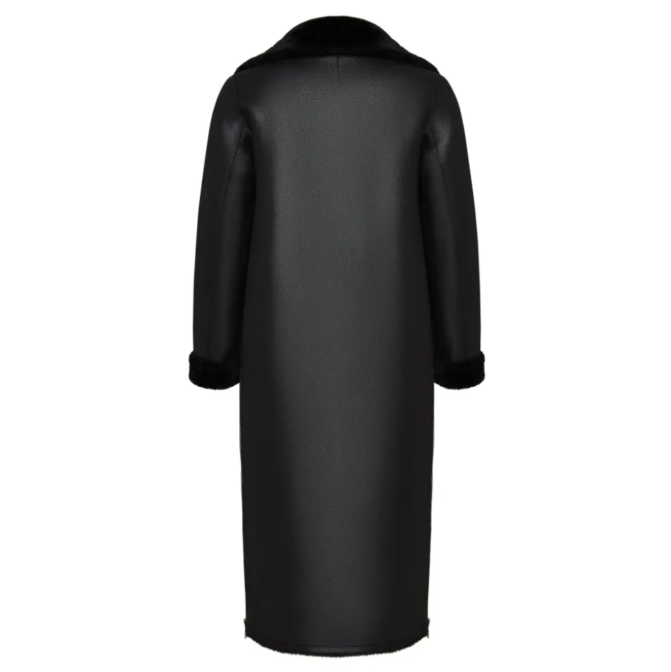 Schwarzer, wendbarer Shearling-Mantel in Langform aus Kunstleder