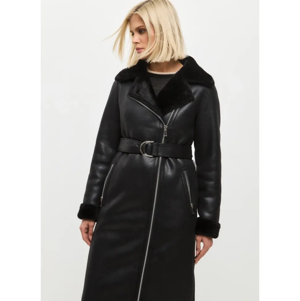 Schwarzer, wendbarer Shearling-Mantel in Langform aus Kunstleder