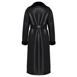 Schwarzer, wendbarer Shearling-Mantel in Langform aus Kunstleder