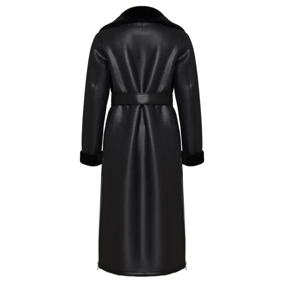 Schwarzer, wendbarer Shearling-Mantel in Langform aus Kunstleder
