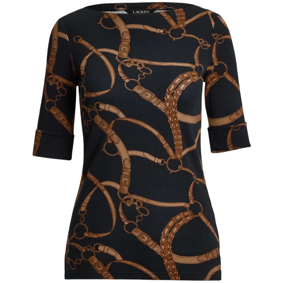 Schwarzes Lauren By Ralph Lauren Schwarz/Tan Judy Bootausschnitt Top Top