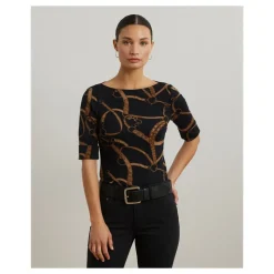 Schwarzes Lauren By Ralph Lauren Schwarz/Tan Judy Bootausschnitt Top Top