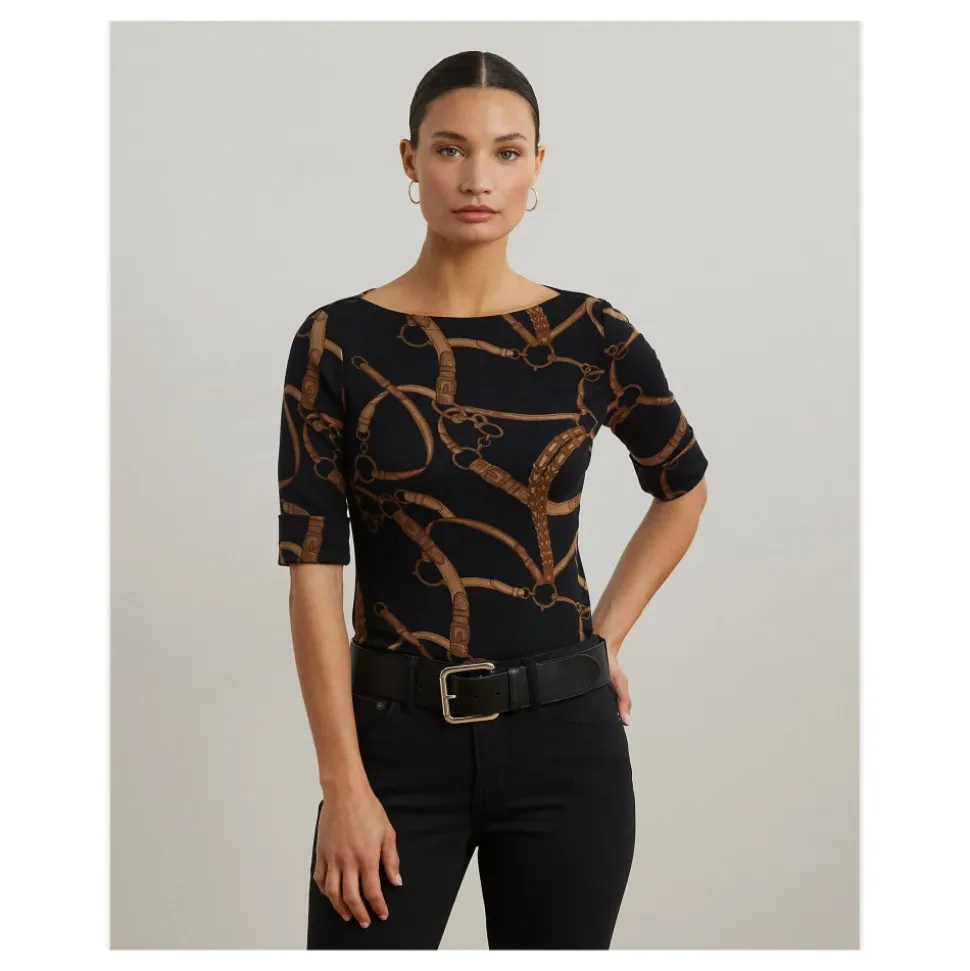 Schwarzes Lauren By Ralph Lauren Schwarz/Tan Judy Bootausschnitt Top Top