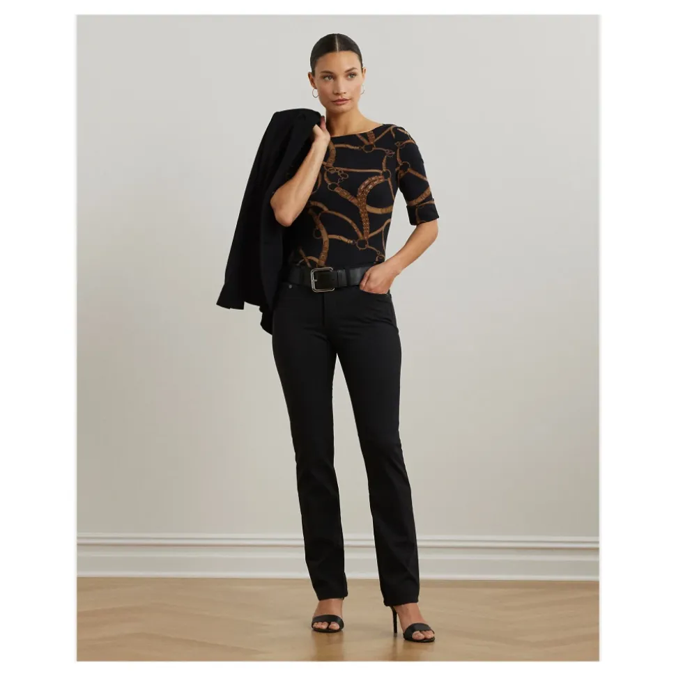 Schwarzes Lauren By Ralph Lauren Schwarz/Tan Judy Bootausschnitt Top Top