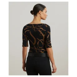 Schwarzes Lauren By Ralph Lauren Schwarz/Tan Judy Bootausschnitt Top Top