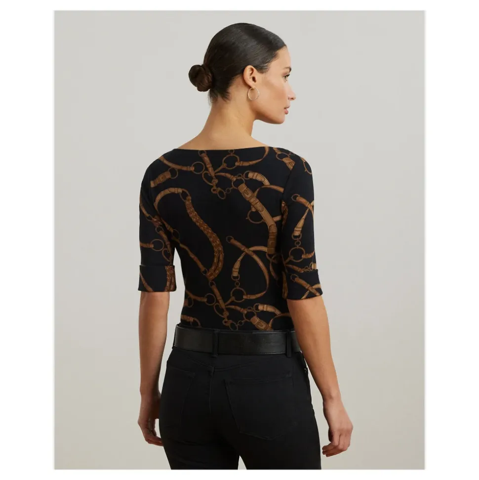 Schwarzes Lauren By Ralph Lauren Schwarz/Tan Judy Bootausschnitt Top Top