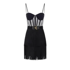 Schwarzes Tüll Minikleid mit Fransen