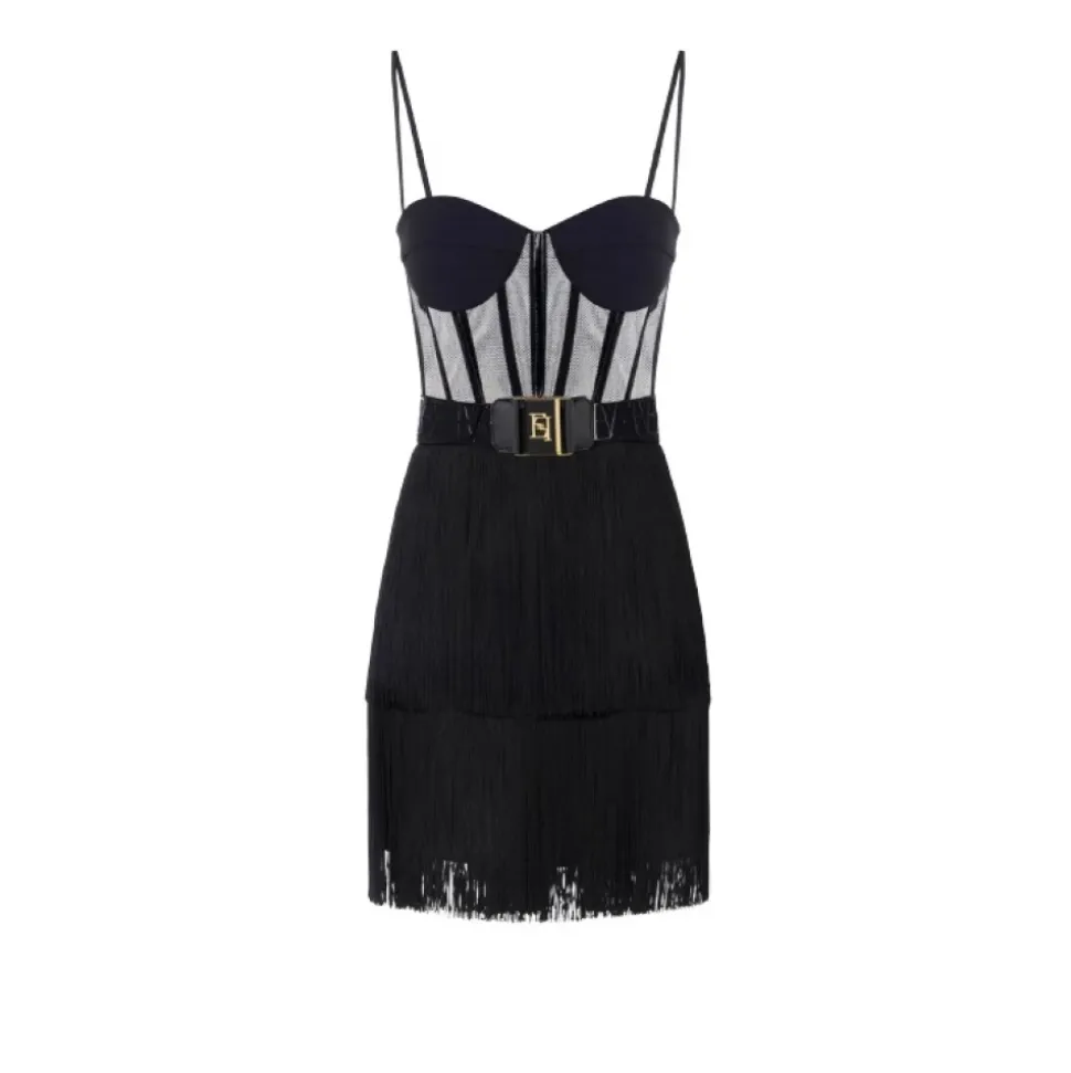 Schwarzes Tüll Minikleid mit Fransen