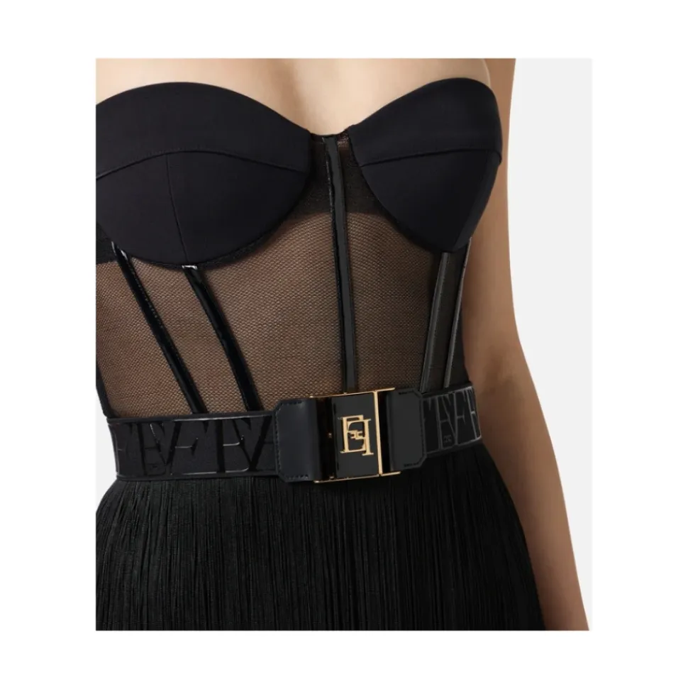 Schwarzes Tüll Minikleid mit Fransen