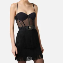 Schwarzes Tüll Minikleid mit Fransen