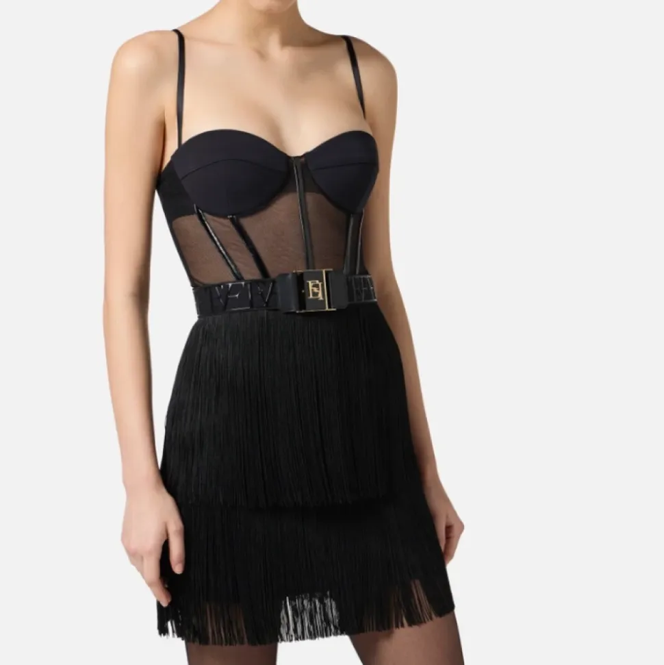 Schwarzes Tüll Minikleid mit Fransen