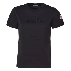Schwarzes T-Shirt aus Baumwolle mit Perlenlogo