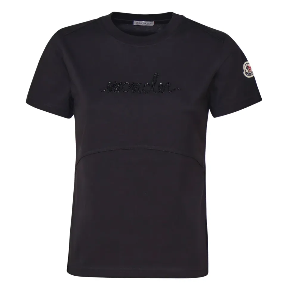 Schwarzes T-Shirt aus Baumwolle mit Perlenlogo