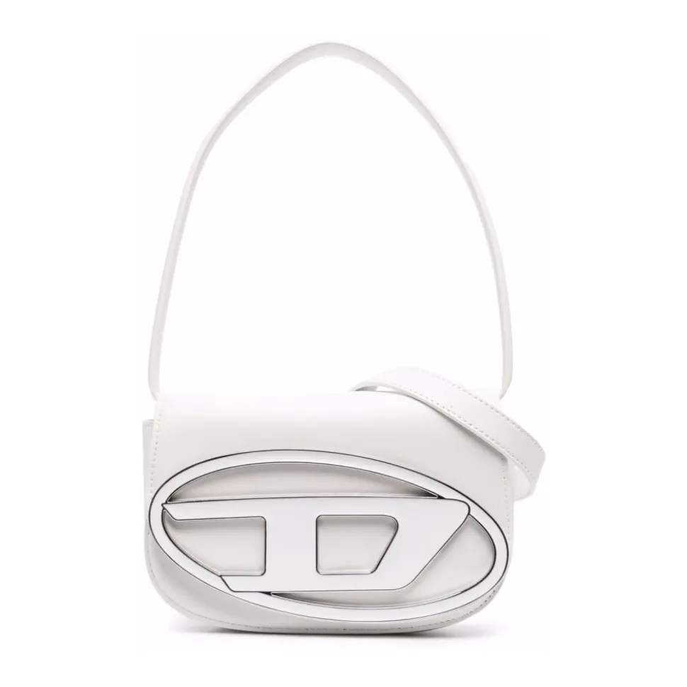 Weiße Kalbsleder Logo Plakette Tasche