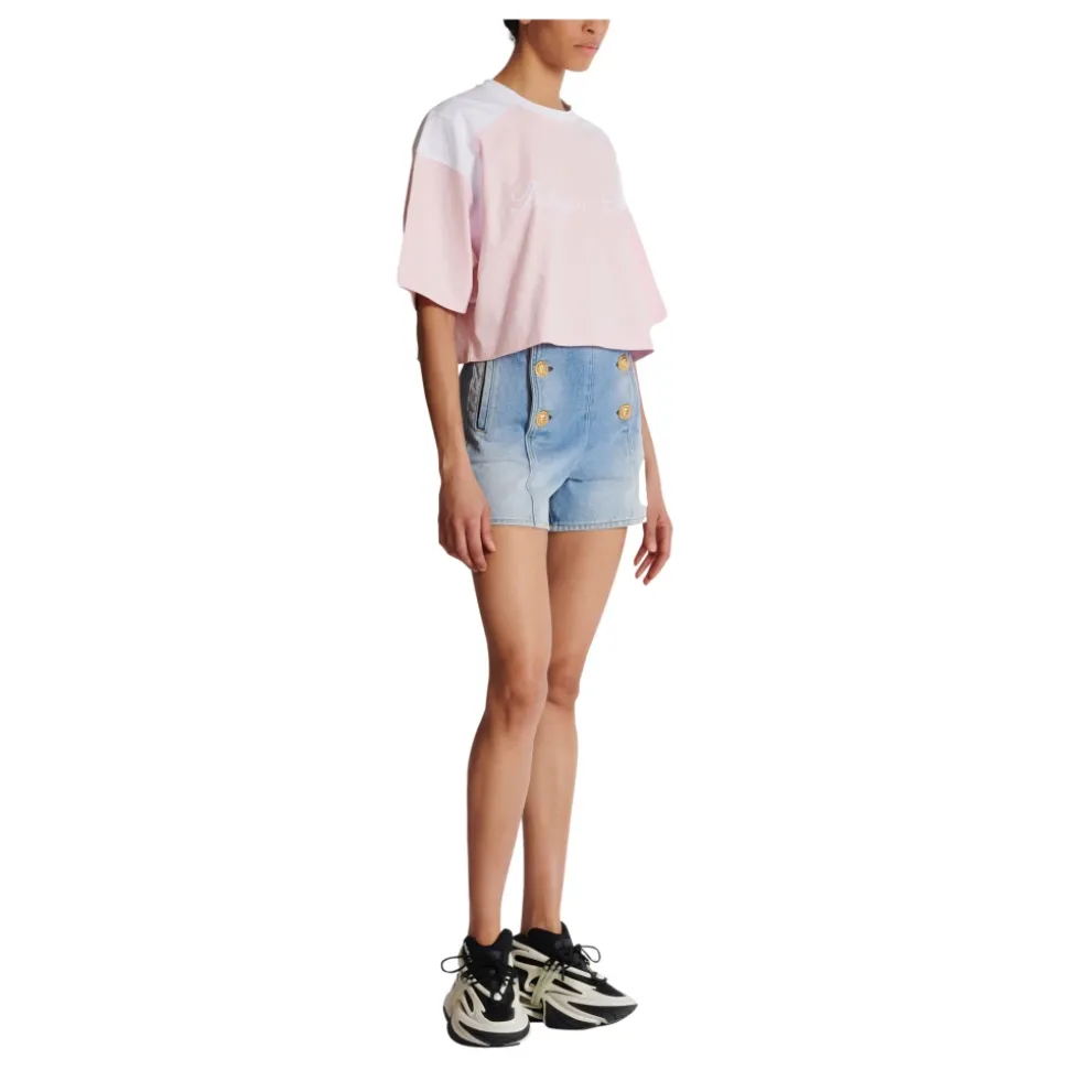 Zweifarbiges T-Shirt mit Signatur-Stickerei