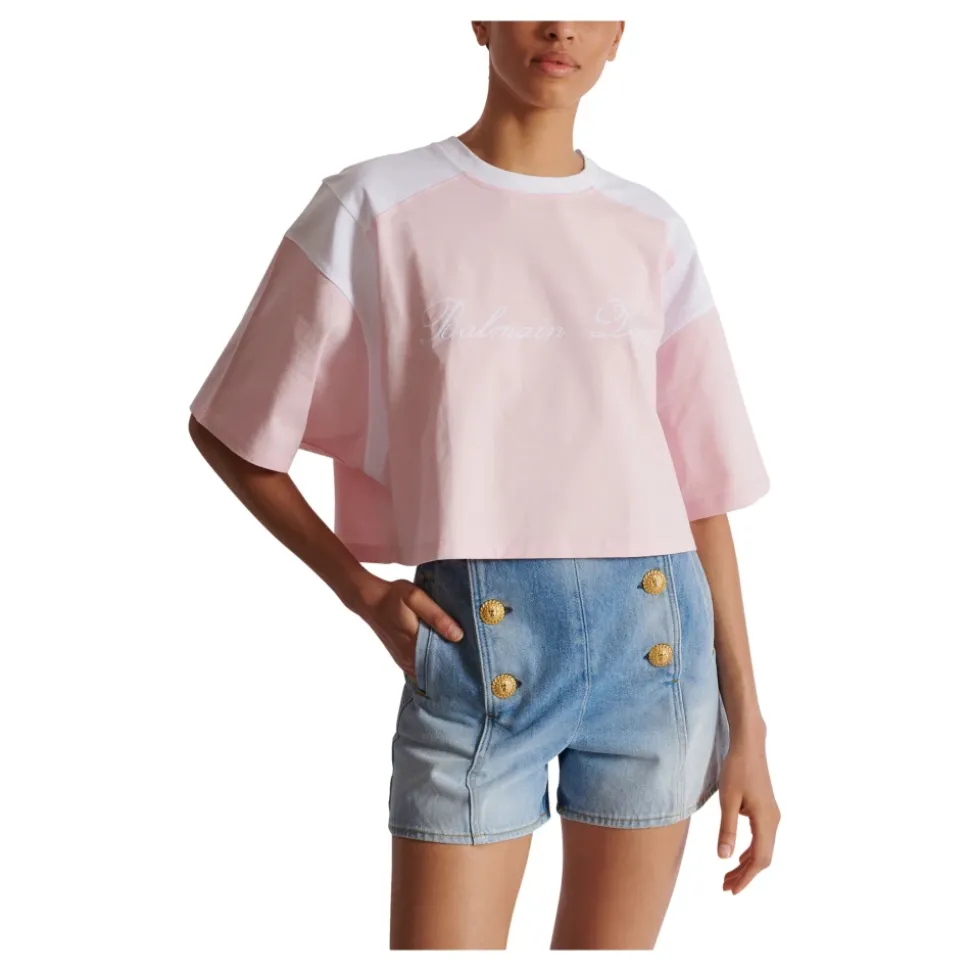 Zweifarbiges T-Shirt mit Signatur-Stickerei